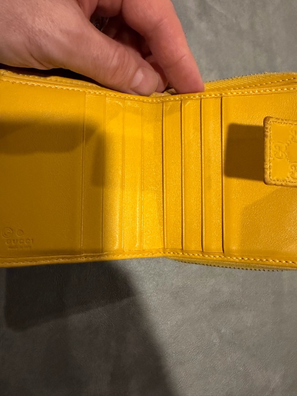 Gucci Made in Italy Embossed GG Zip Around Wallet in Mustard Yellow Leather - Picture 7 of 13